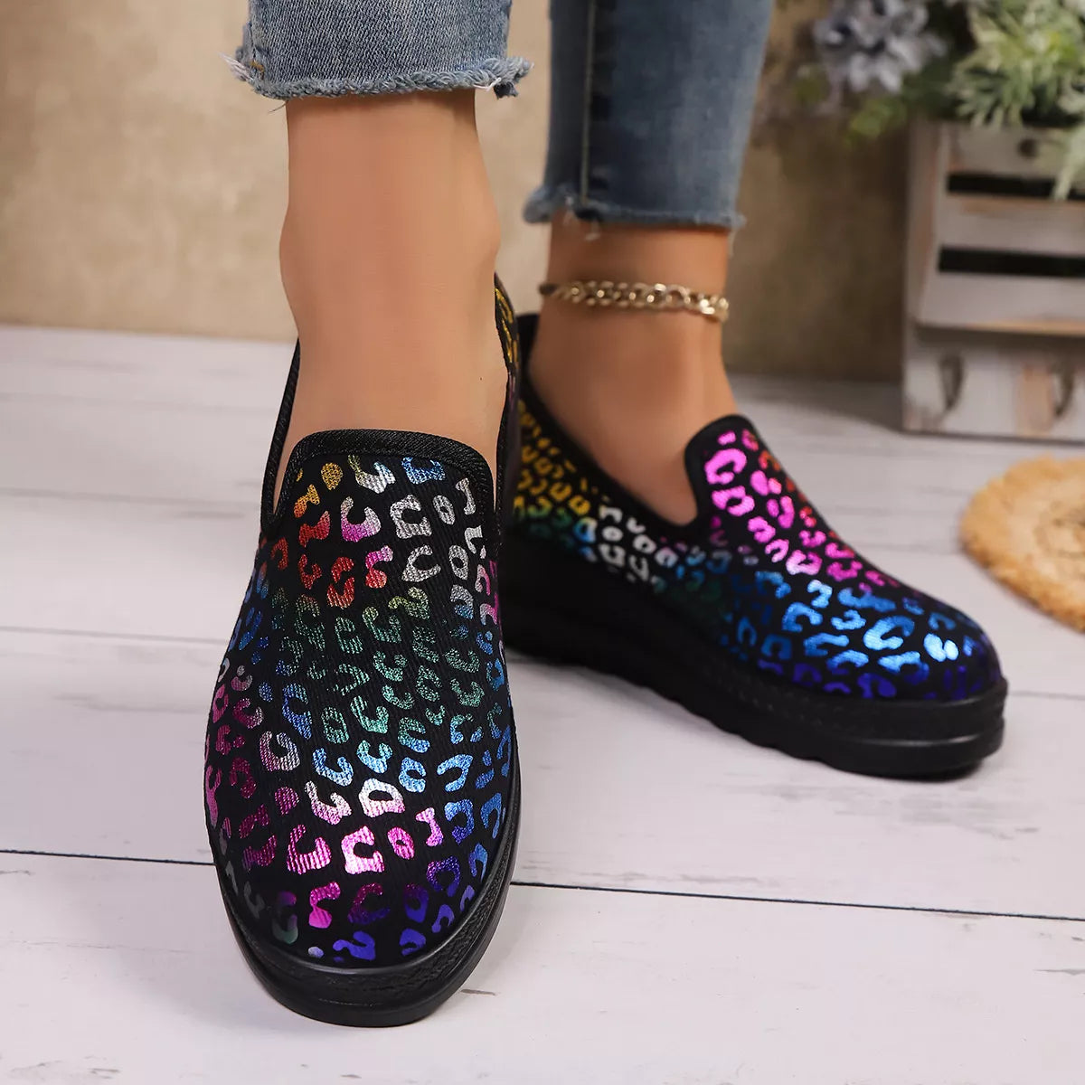 Leopard Round Toe Wedge Slip-Ons - Multicolor