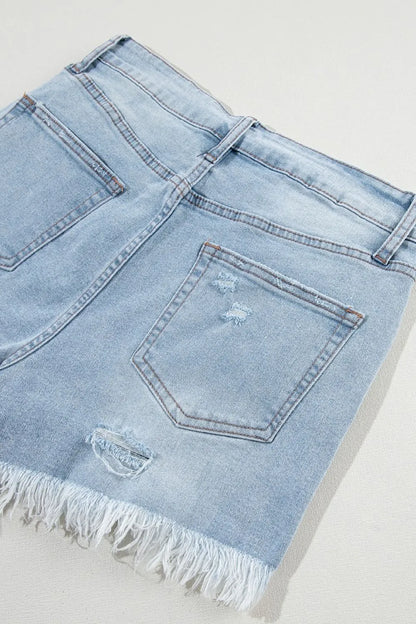 Distressed Raw Hem High Waist Denim Shorts -