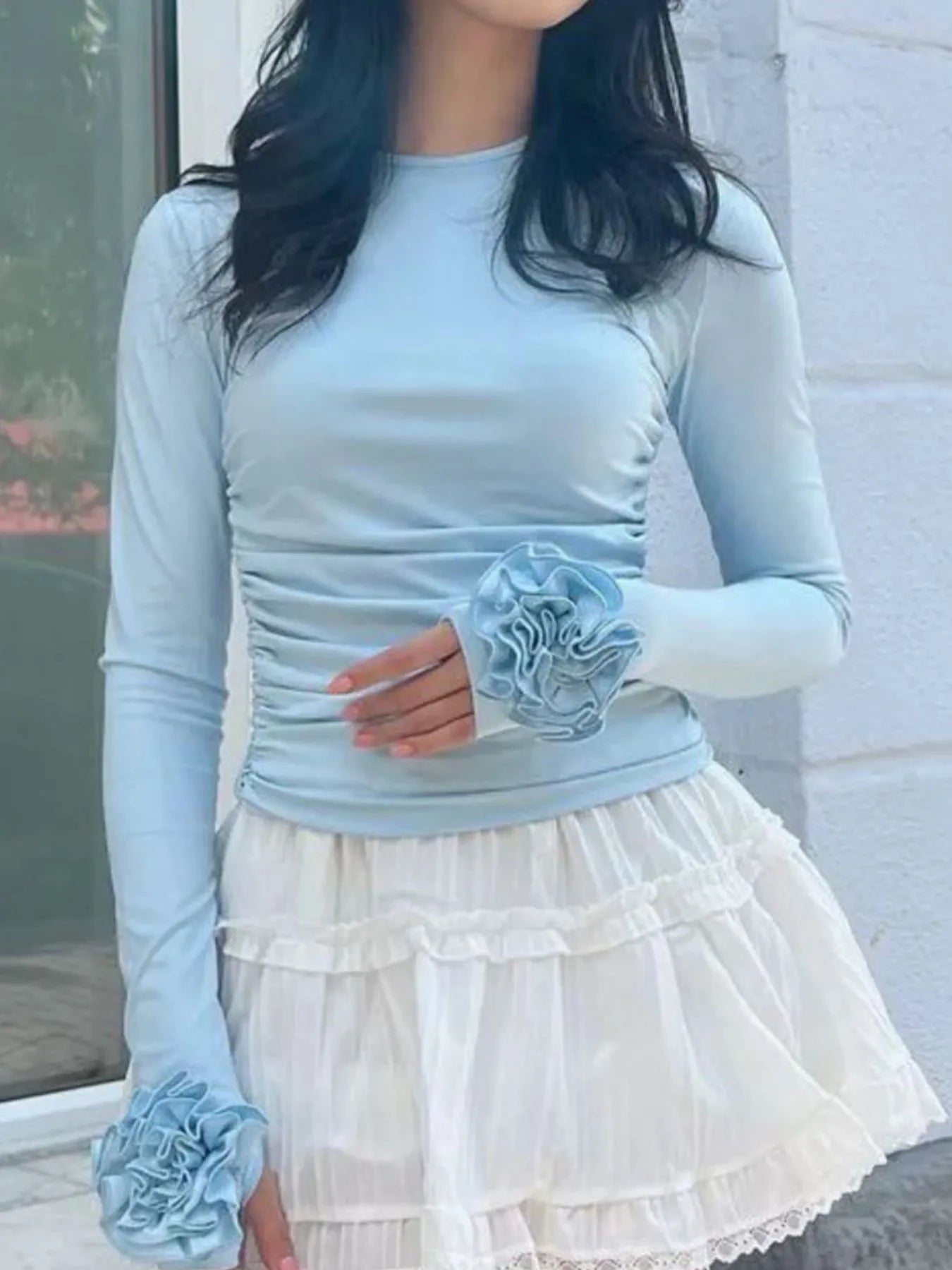 Flower Round Neck Long Sleeve T-Shirt - Light Blue