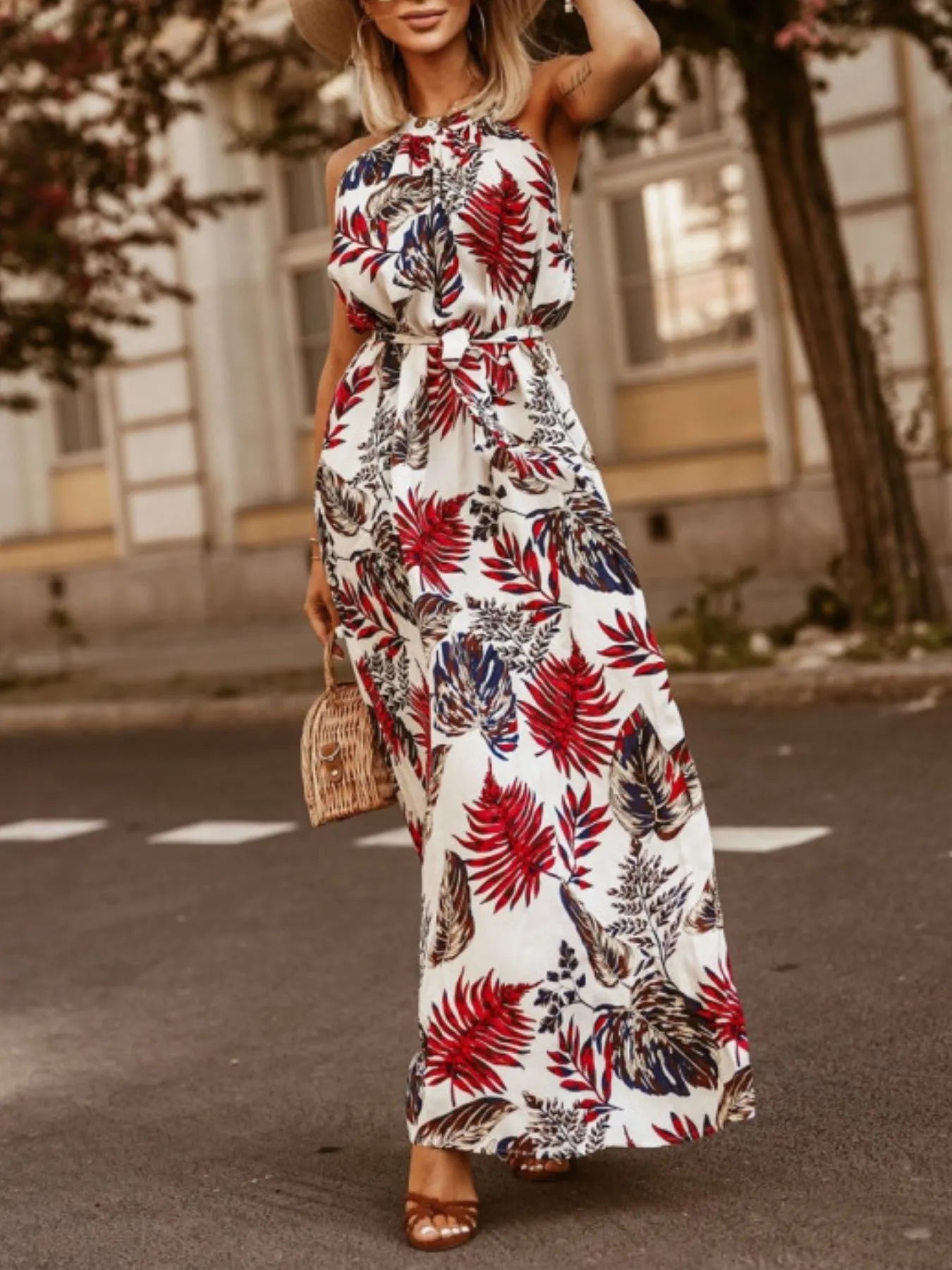 Tropical Floral Halter Neck Summer Dress -