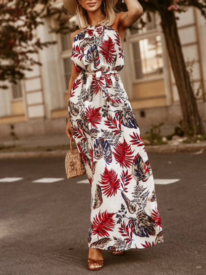 Tropical Floral Halter Neck Summer Dress -