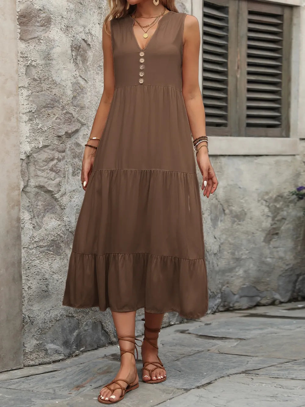 Decorative Button Notched Sleeveless Dress -