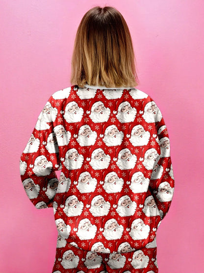 Santa Print Round Neck Top and Shorts Lounge Set -