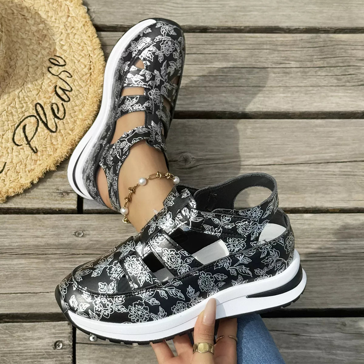 Cutout Velcro Sandals -