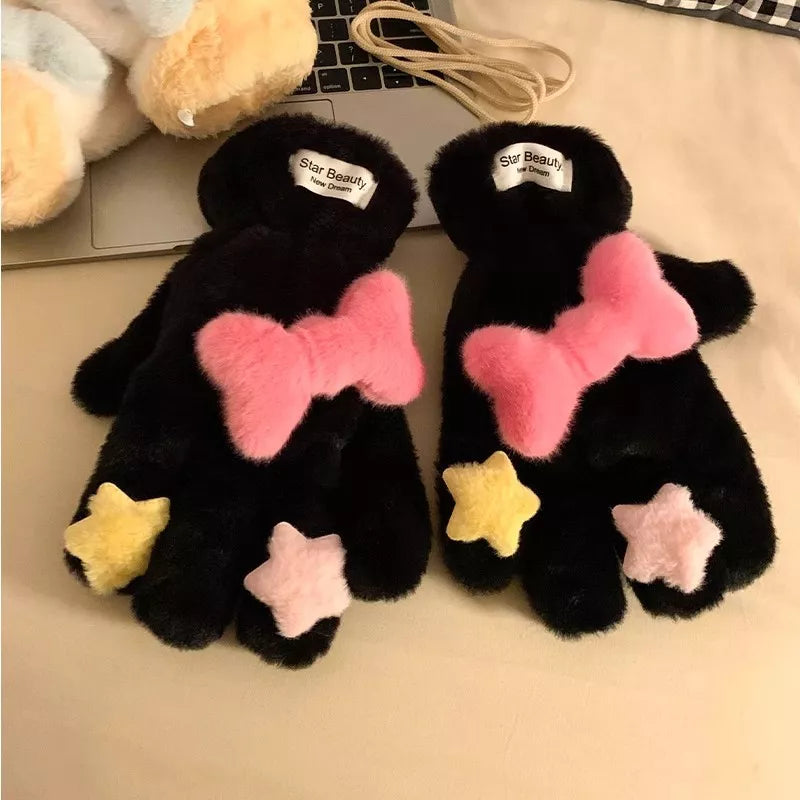 Star Plush Winter Gloves - Black One Size