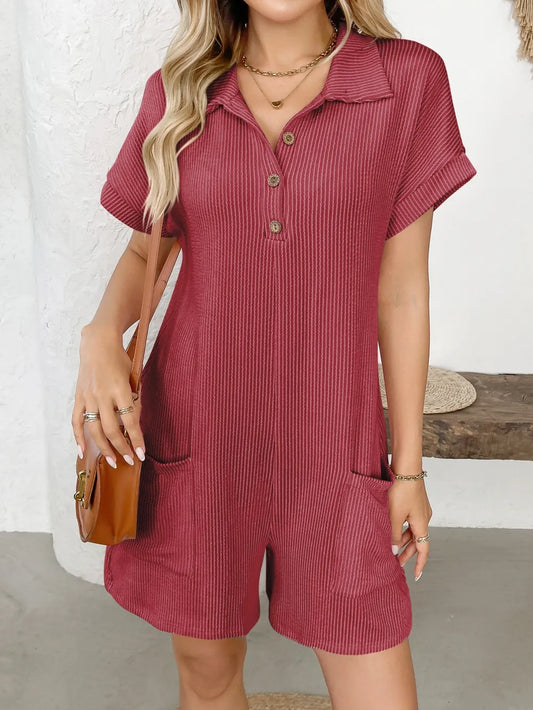 Button Detail Collared Neck Romper - Scarlet