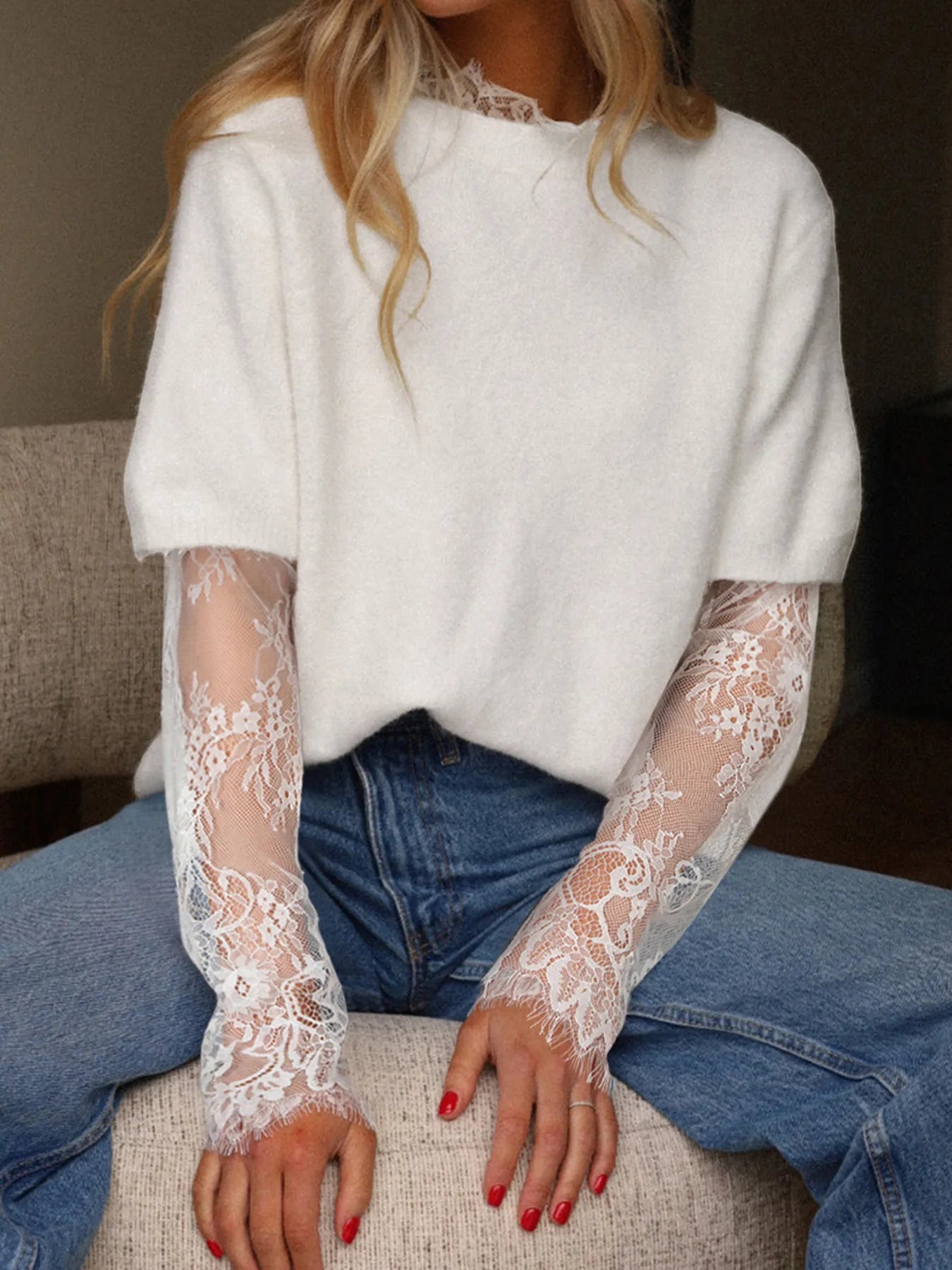 Lace Sleeve Patchwork Faux Fuzzy Sweater -
