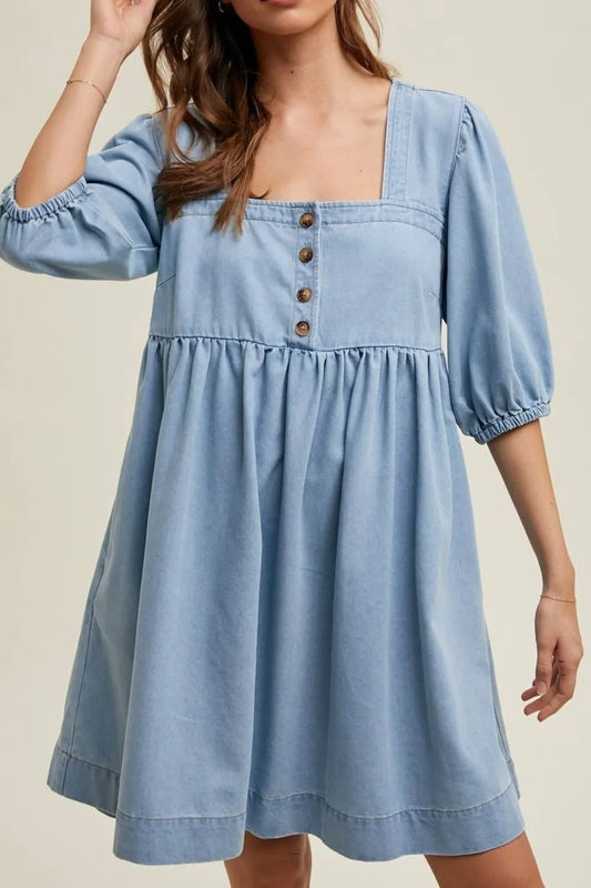 Square Neck Half Sleeve Denim Dress - Medium Wash