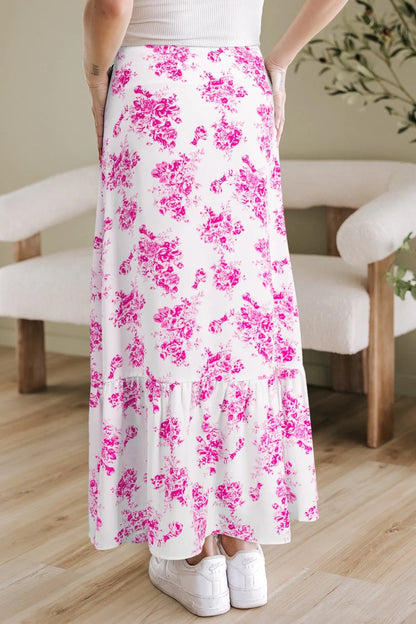 Boho Floral High Waist Ruffle Split Maxi Skirt -