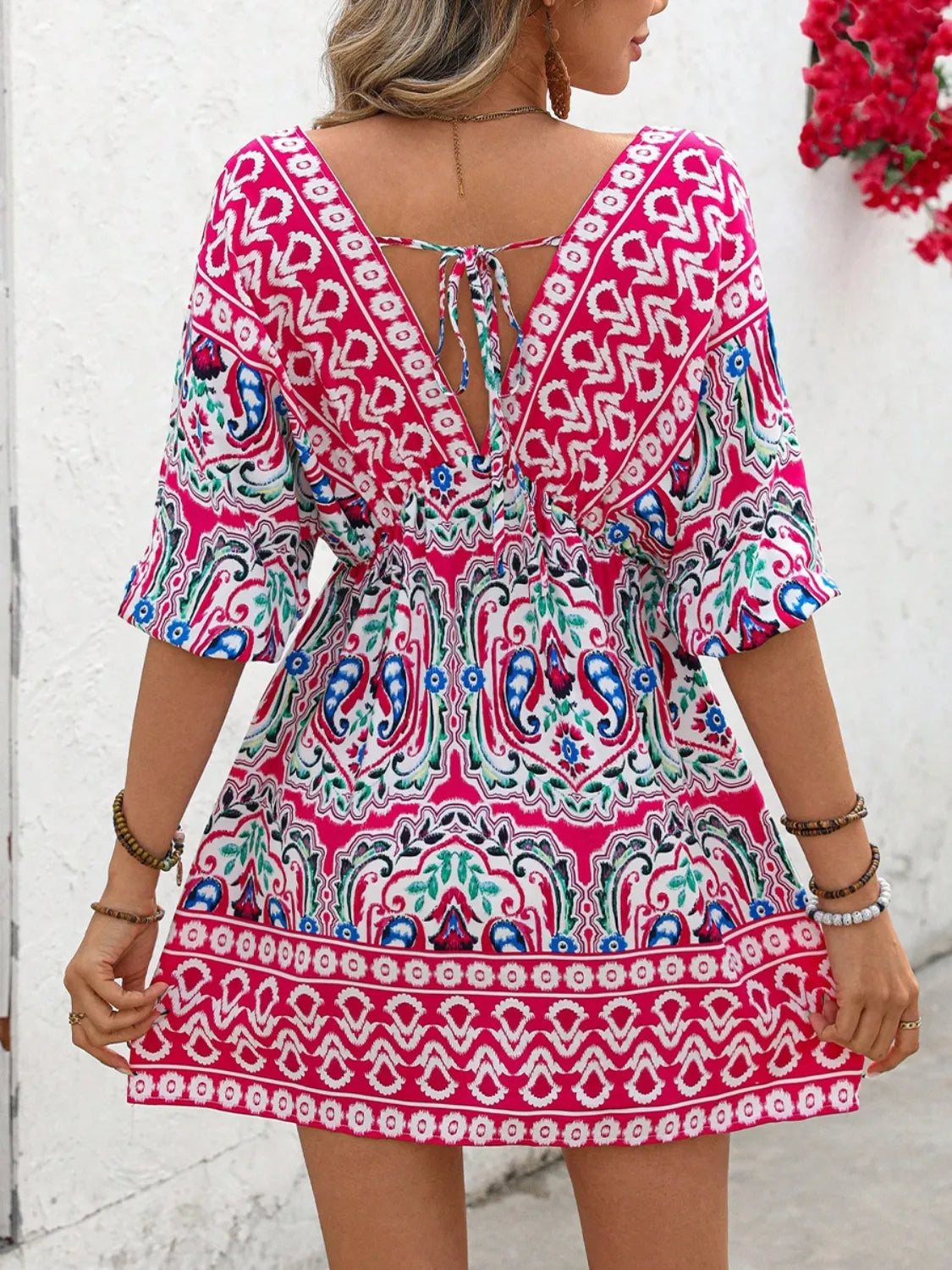 Printed Tie Back Half Sleeve Mini Dress -