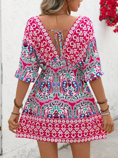 Printed Tie Back Half Sleeve Mini Dress -