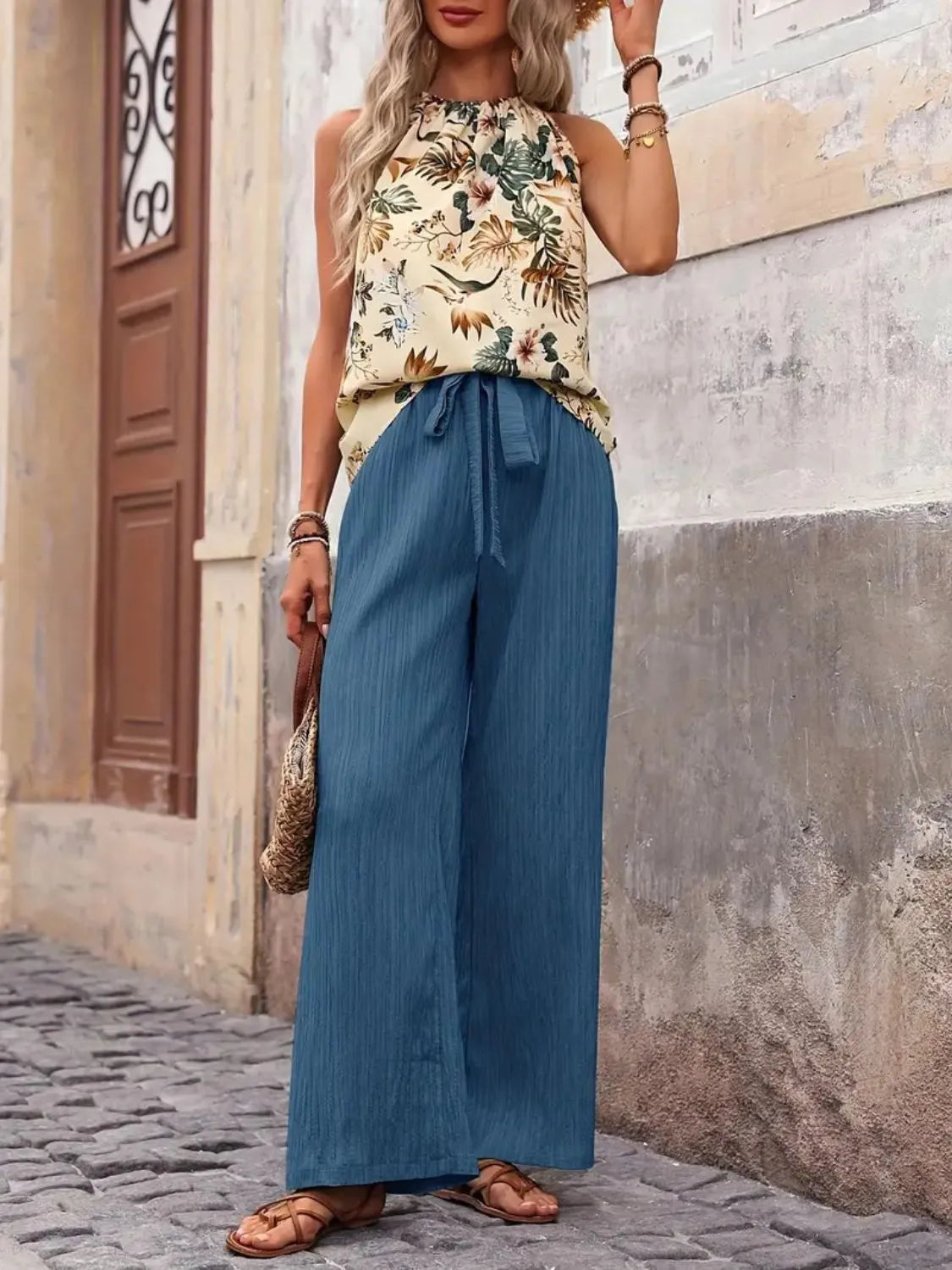 Printed Tank Top and Wide Leg Pants Set -
