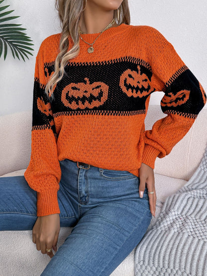 Pumpkin Round Neck Long Sleeve Sweater - Orange