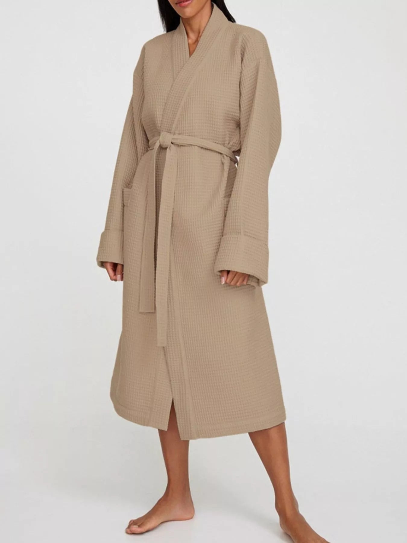 Waffle Knit Tie Waist Lounge Nightgown - Khaki