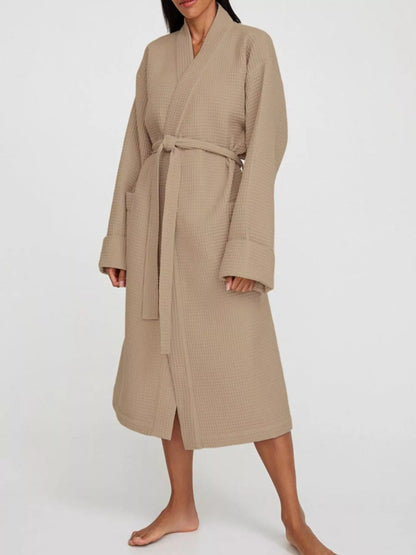 Waffle Knit Tie Waist Lounge Nightgown - Khaki