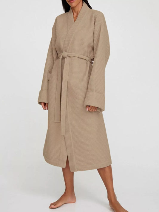 Waffle Knit Tie Waist Lounge Nightgown - Khaki