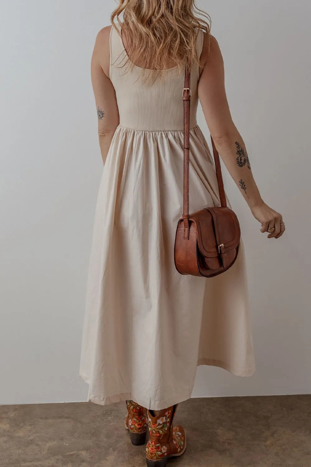 Scoop Neck Ribbed Bodice Midi Tank Dress -