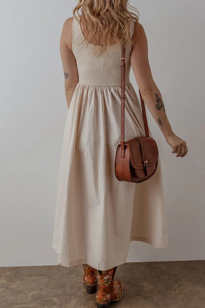 Scoop Neck Ribbed Bodice Midi Tank Dress -