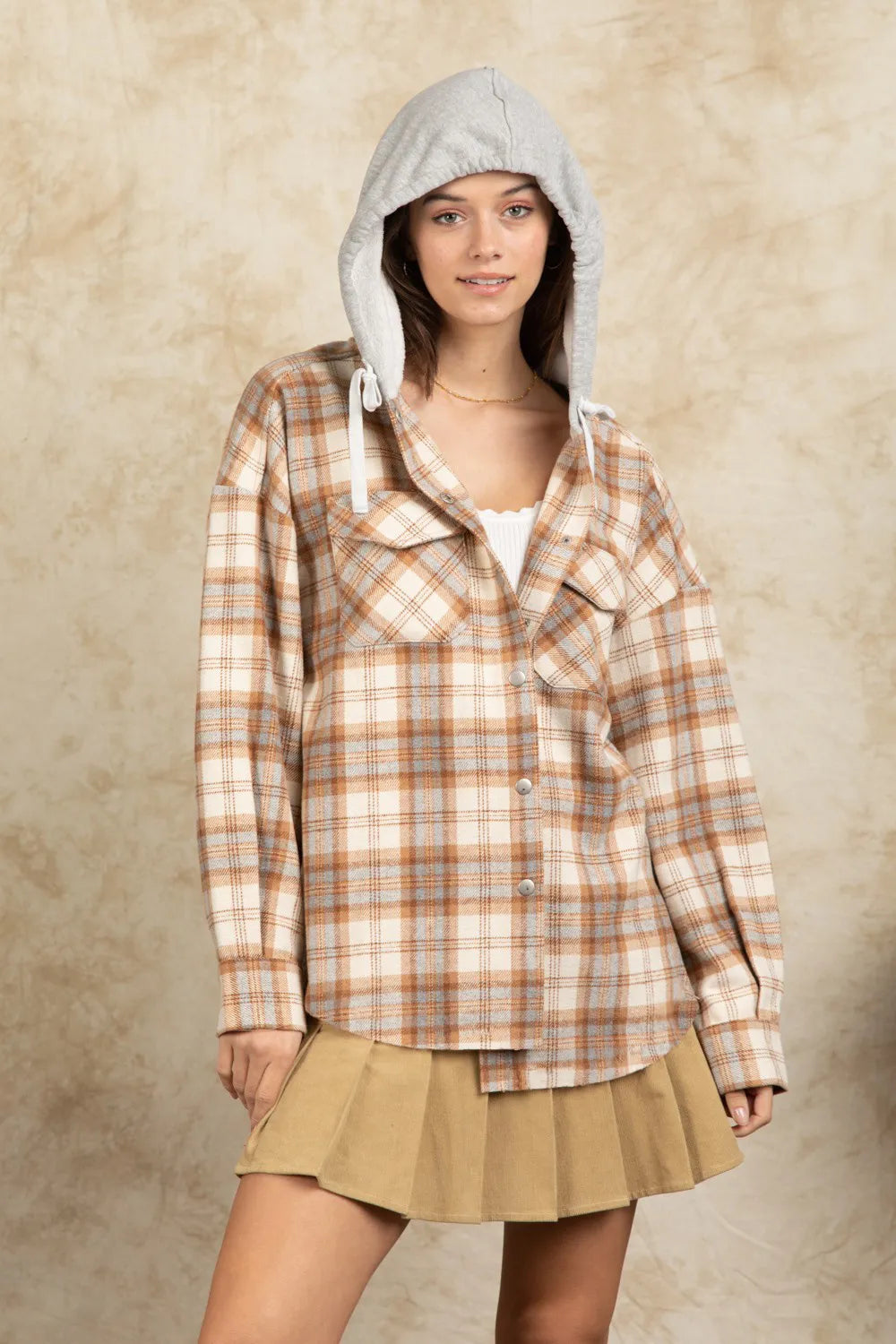 Drawstring Plaid Long Sleeve Hooded Jacket - Camel