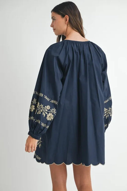 Embroidered Long Sleeve Peasant Mini Dress -