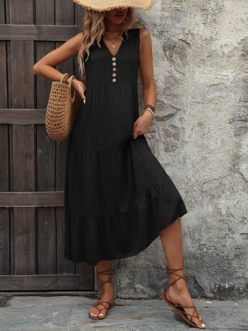 Decorative Button Notched Sleeveless Dress -