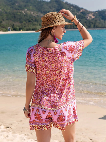 Printed V-Neck Short Sleeve Romper -