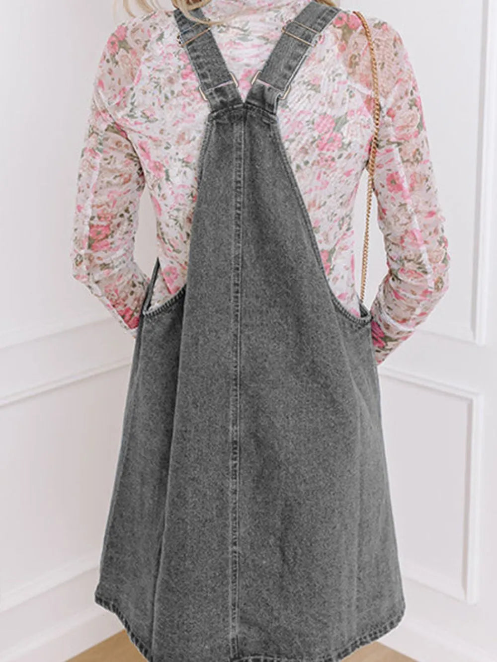 Wide Strap Button Down Denim Overall Dress -