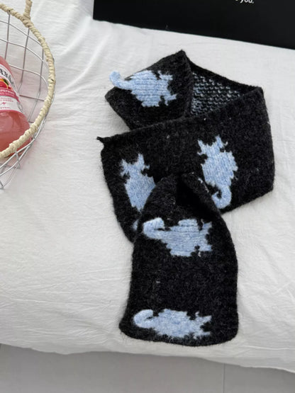 Knitted Contrast Pattern Warm Scarf - Black One Size