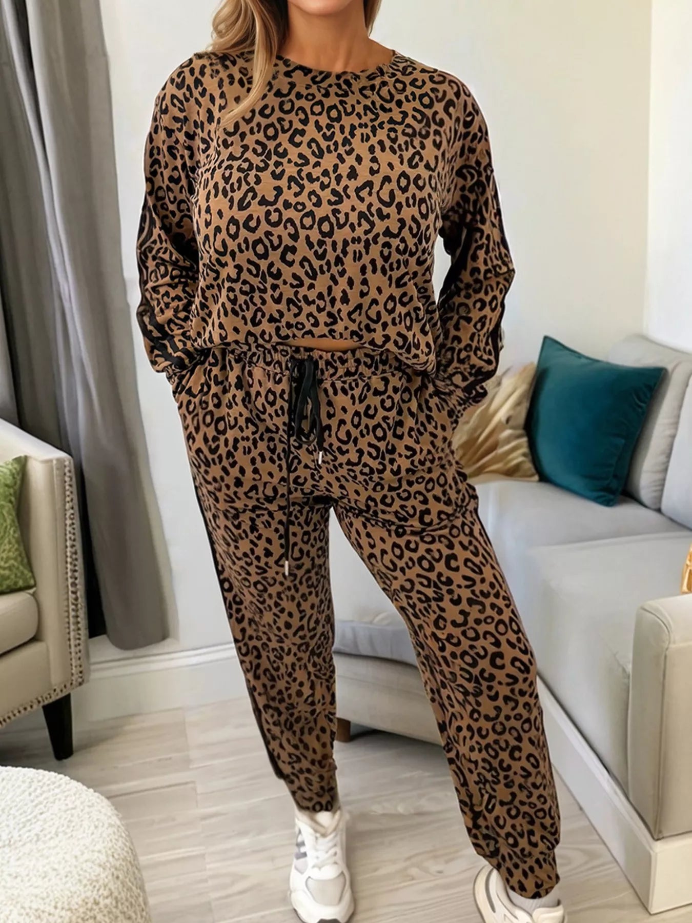 Striped Trim Leopard Long Sleeve Top Drawstring Pant Set -