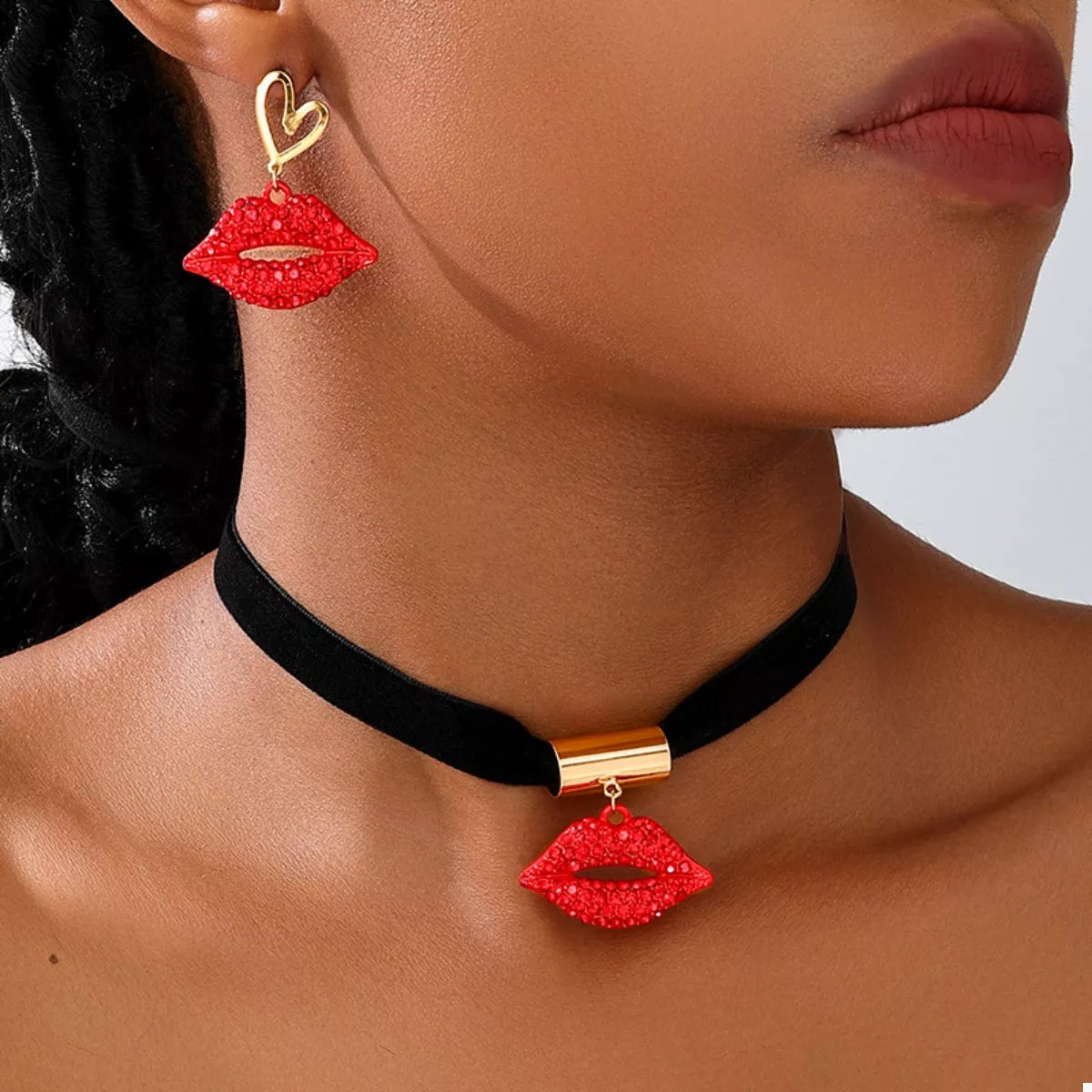Rhinestone Lip Earrings and Necklace Jewelry Set - Red One Size