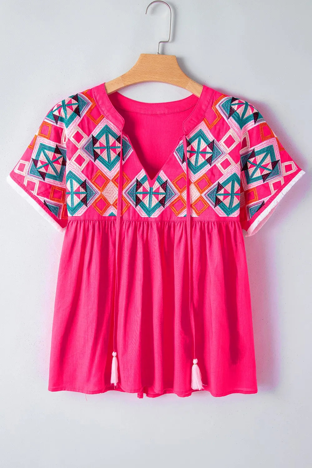 Geometric Embroidered Tassel Tie Neck Blouse -