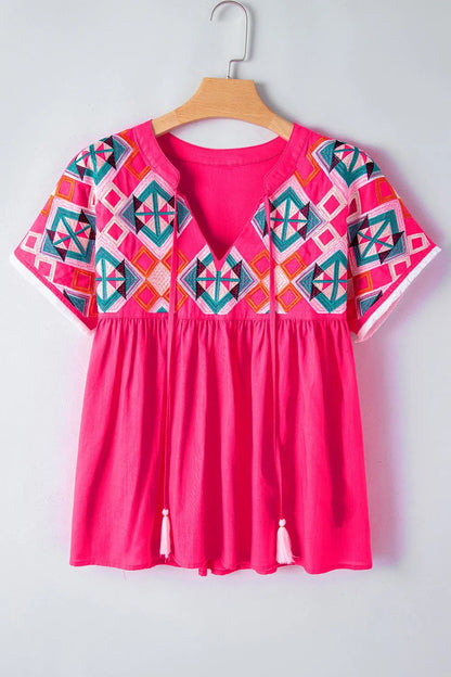 Geometric Embroidered Tassel Tie Neck Blouse -