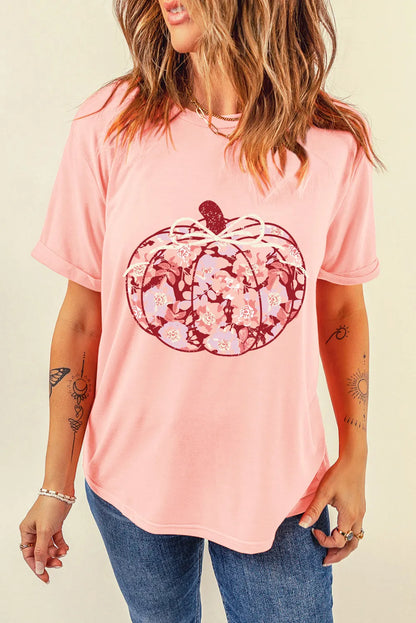 Pumpkin Graphic Long Sleeve T-Shirt - Blush Pink