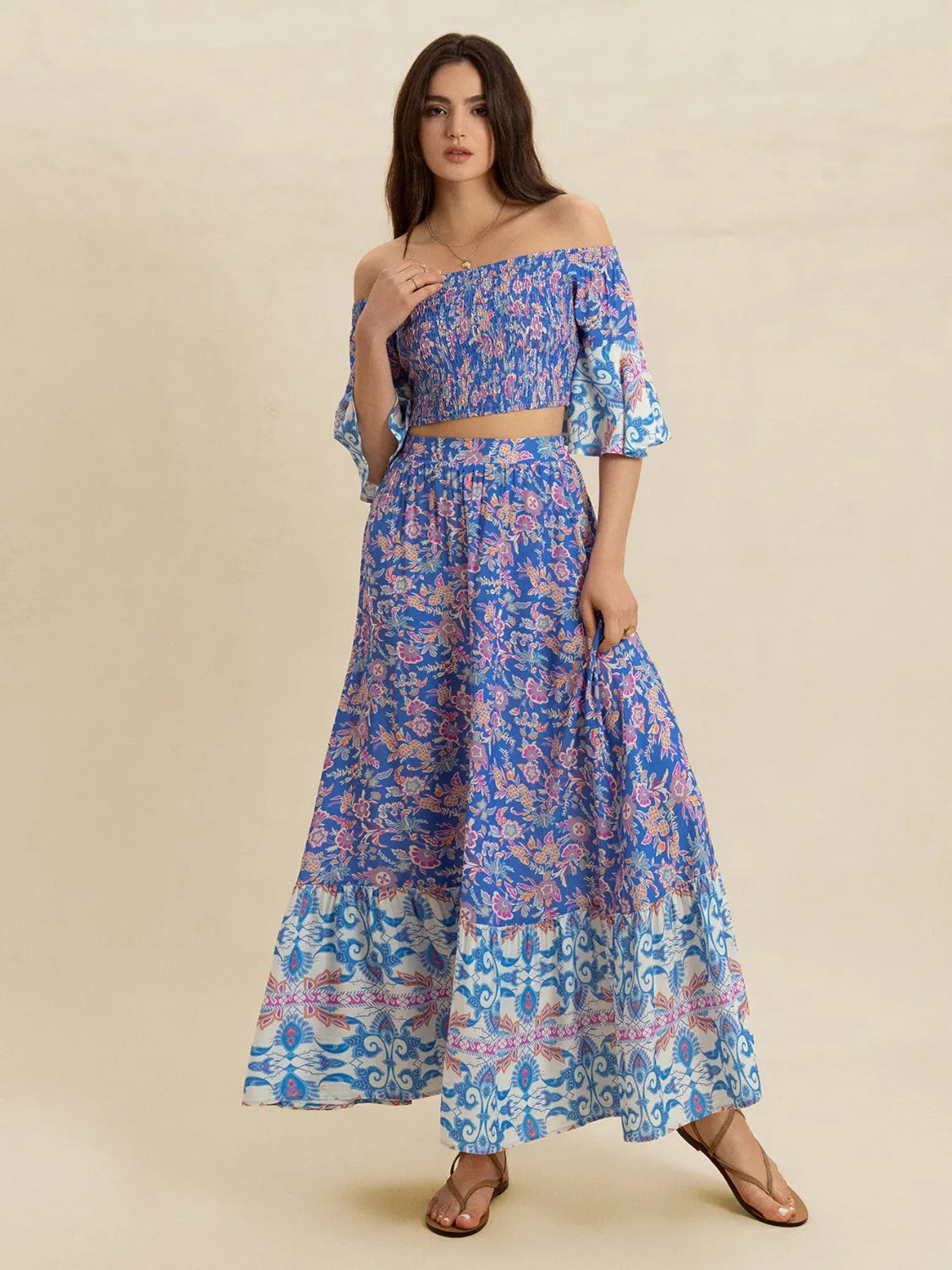 Smocked Off-Shoulder Printed Top and Skirt Set - Blue Purple