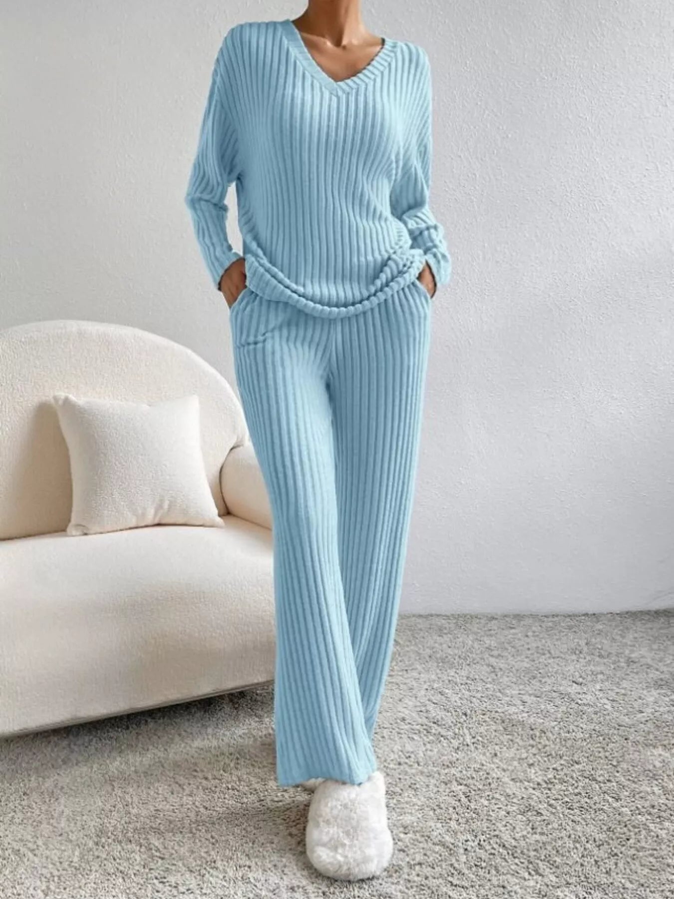 Ribbed Knit V-Neck Top and Pants Set -