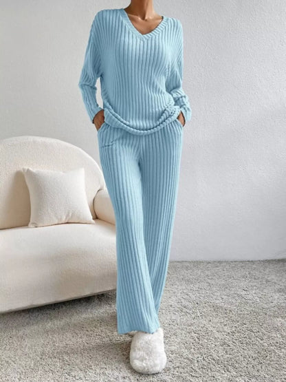 Ribbed Knit V-Neck Top and Pants Set -