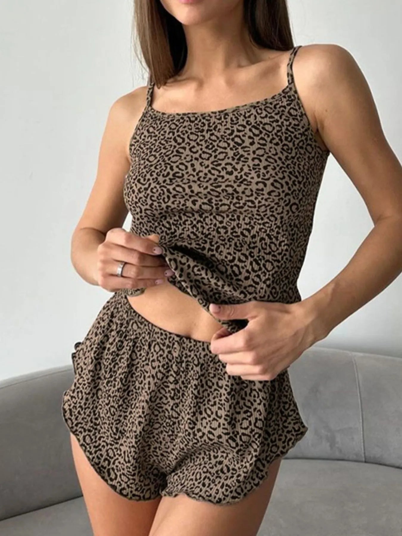 Leopard Cami Cardigan and Shorts 3-Piece Set -