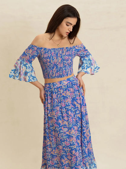 Smocked Off-Shoulder Printed Top and Skirt Set - Blue Purple