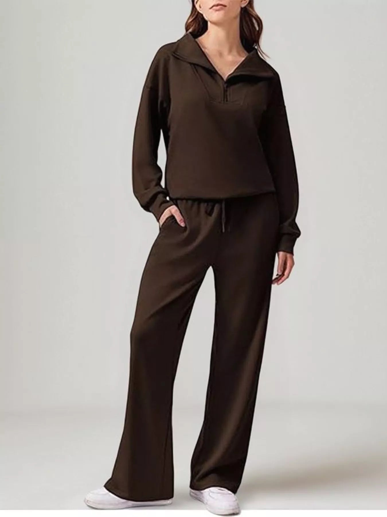 Relaxed Fit Quarter-Zip Top and Pants Set - Dark Brown