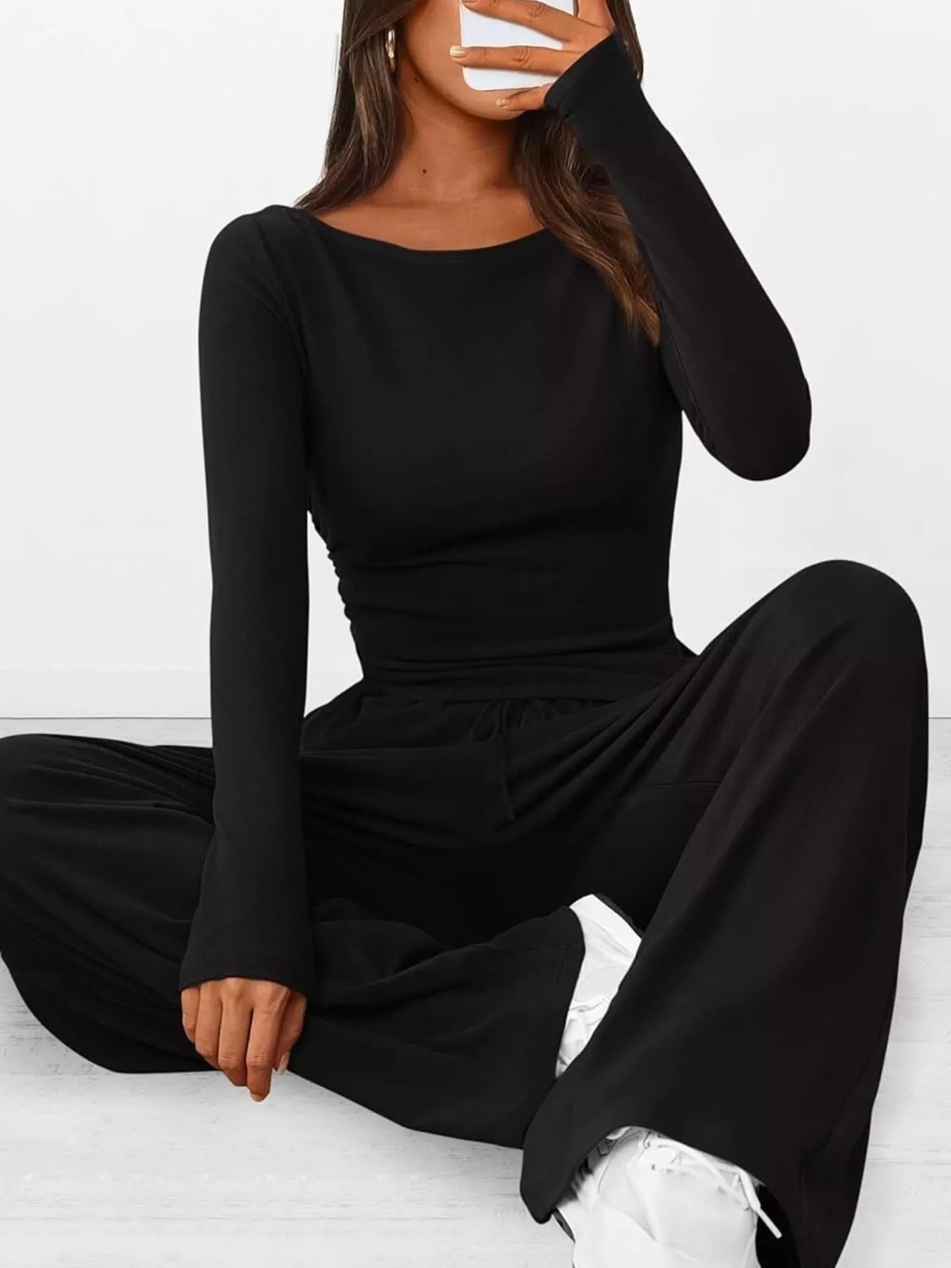 Long Sleeve Top and Wide Leg Pants Set - Black