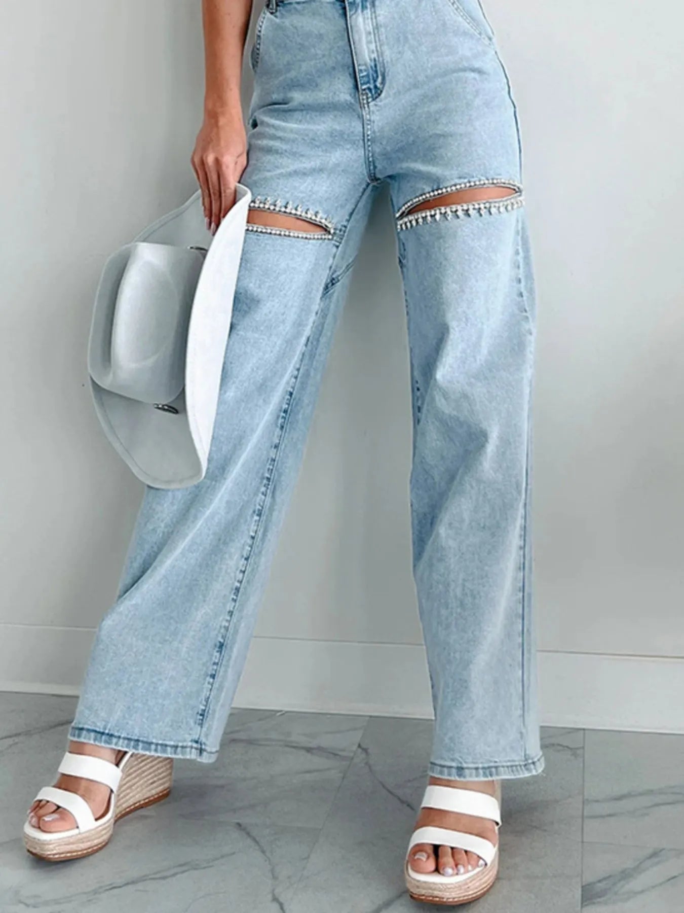 Ripped Wide Leg Wash Denim Jeans - Light Blue