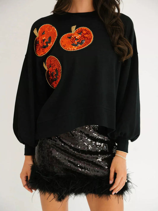 Halloween Pumpkin Round Neck Sweatshirt - Black