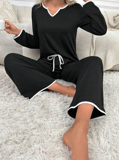 Contrast Trim Notched Long Sleeve Top and Pants Lounge Set -