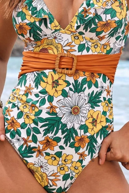 Ruffled Plunge Floral One-Piece Swimwear - Tangerine