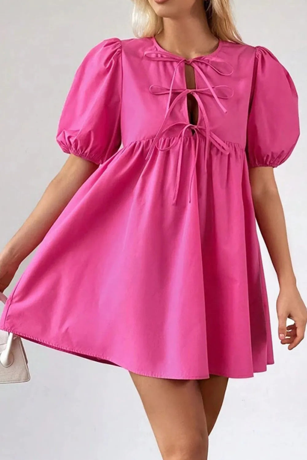 Puff Sleeve Tie Front High Waist Mini Dress -