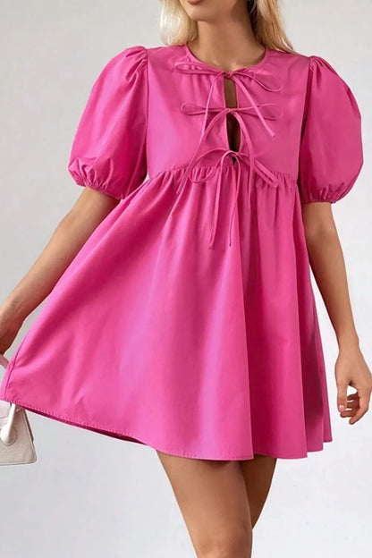Puff Sleeve Tie Front High Waist Mini Dress -