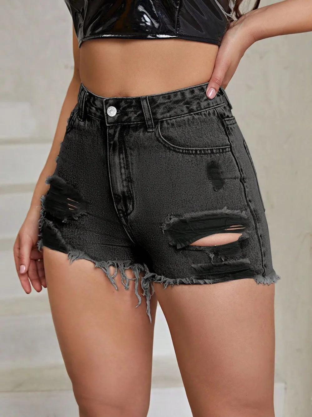 Distressed Raw Hem High Rise Denim Shorts -