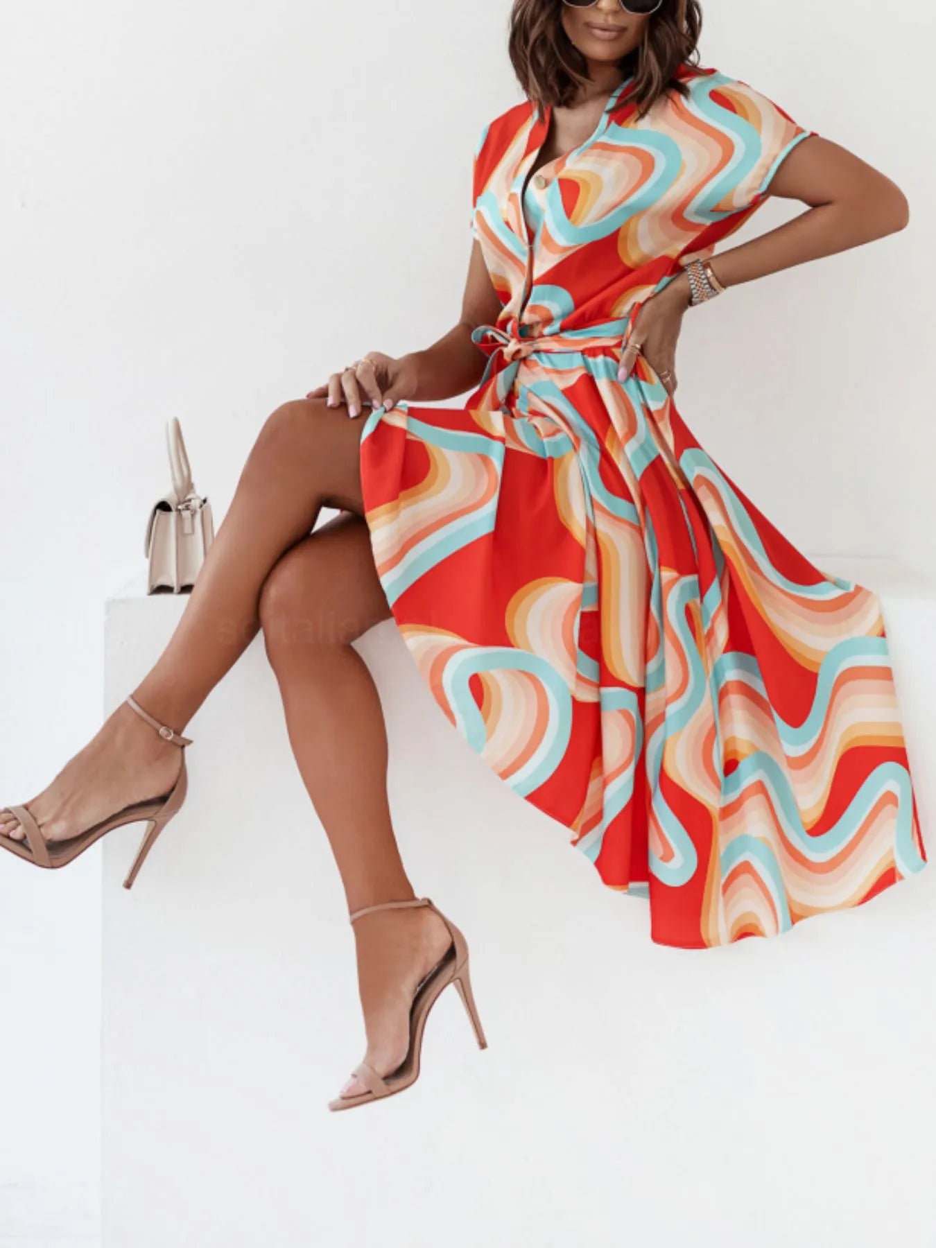 Printed Button Front Midi Dress -