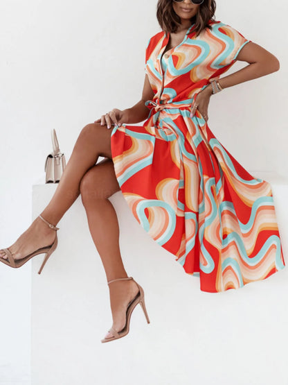 Printed Button Front Midi Dress -