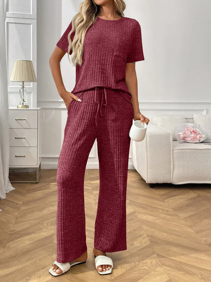 Ribbed Knit Short Sleeve Top and Pants Lounge Set -